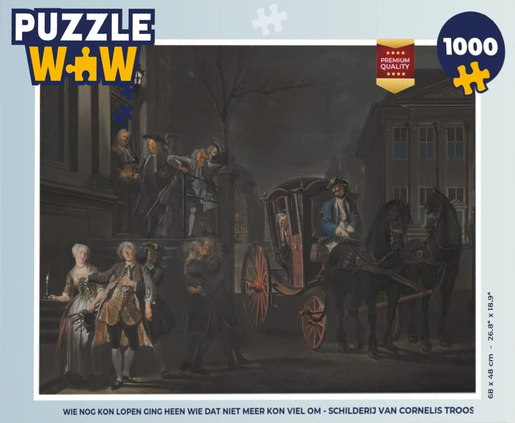 18th-century oil painting of a group of revelers leaving a Dutch townhouse and boarding a horse-drawn carriage at night.