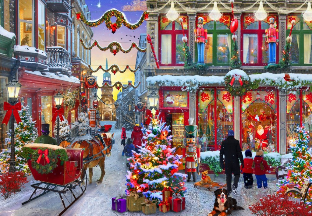 A snowy Christmas street scene with a horse-drawn sleigh, decorated shops, and a central Christmas tree.