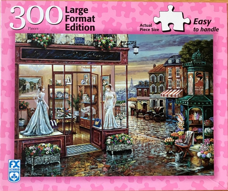 A romantic Parisian street scene featuring a bridal boutique with displays and a horse-drawn carriage.