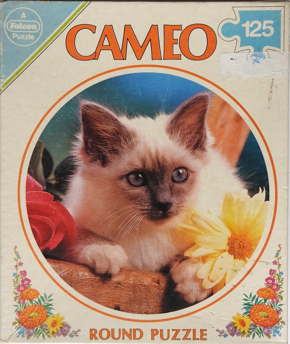 Portrait of a fluffy Birman kitten with blue eyes, framed in a circle with red roses and a yellow daisy.