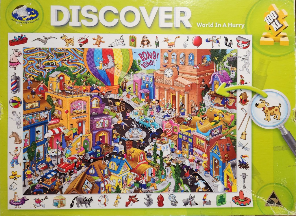 A whimsical cartoon cityscape scene filled with busy characters, buildings, and hidden items.