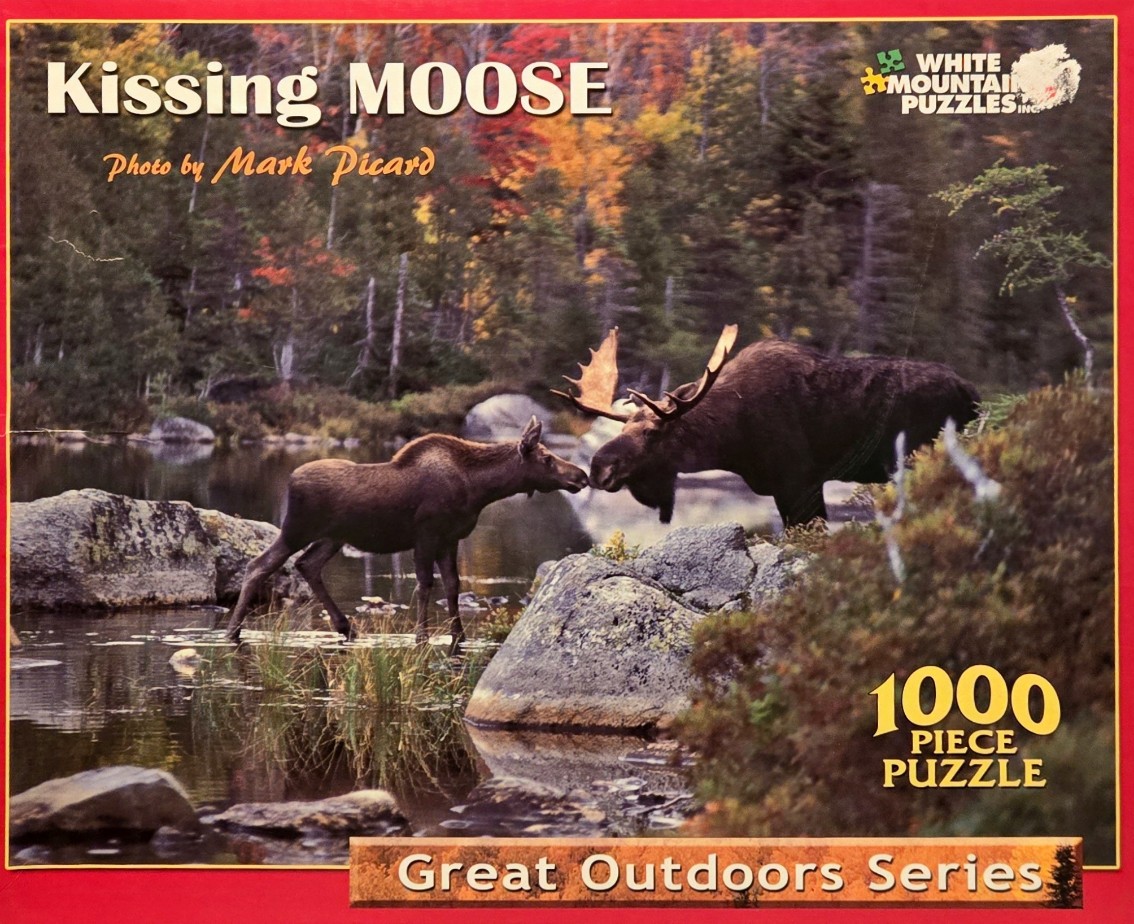 Two moose facing each other with noses touching in a serene autumn forest lake setting.