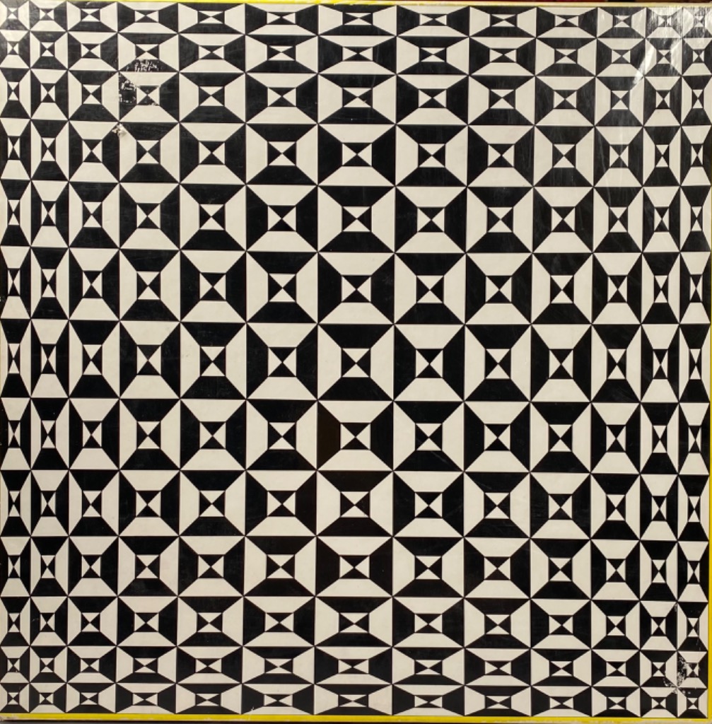 A black and white op-art pattern consisting of an infinite grid of nested, diminishing squares creating a 3D effect.