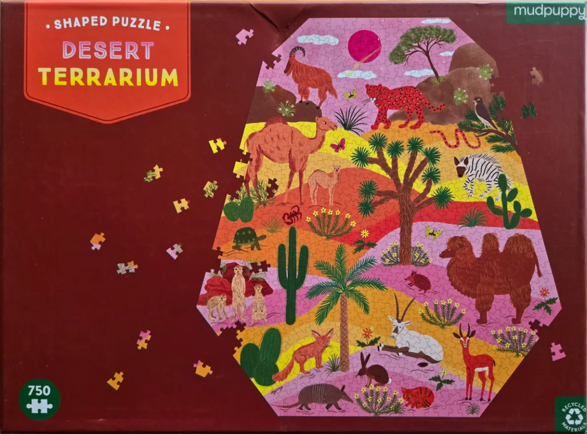 An illustrated desert scene inside a terrarium shape featuring a variety of animals and plants in vibrant colors.