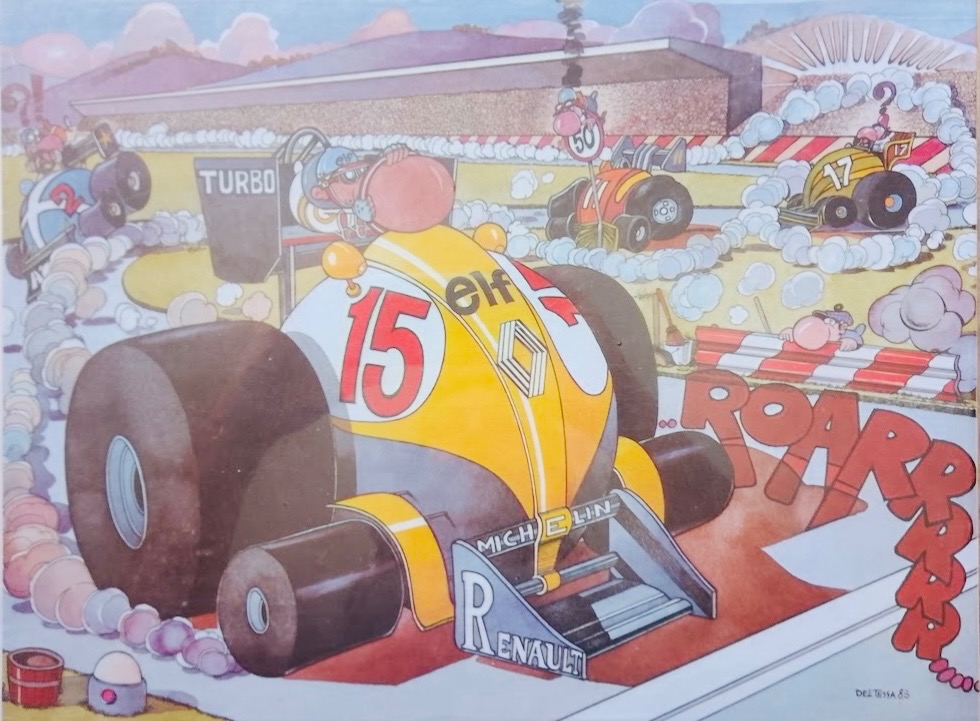 Cartoon illustration of a yellow and white race car at a starting line with smoke and sound effects.