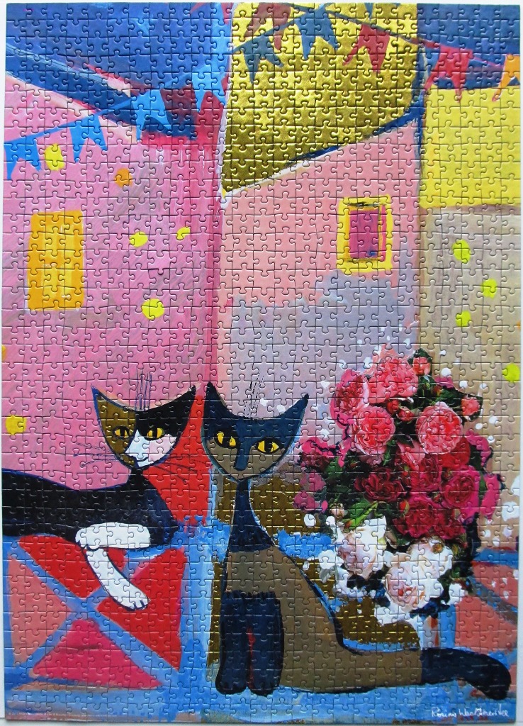 Stylized illustration of two cats sitting in front of a pink building with a bouquet of red and white flowers.