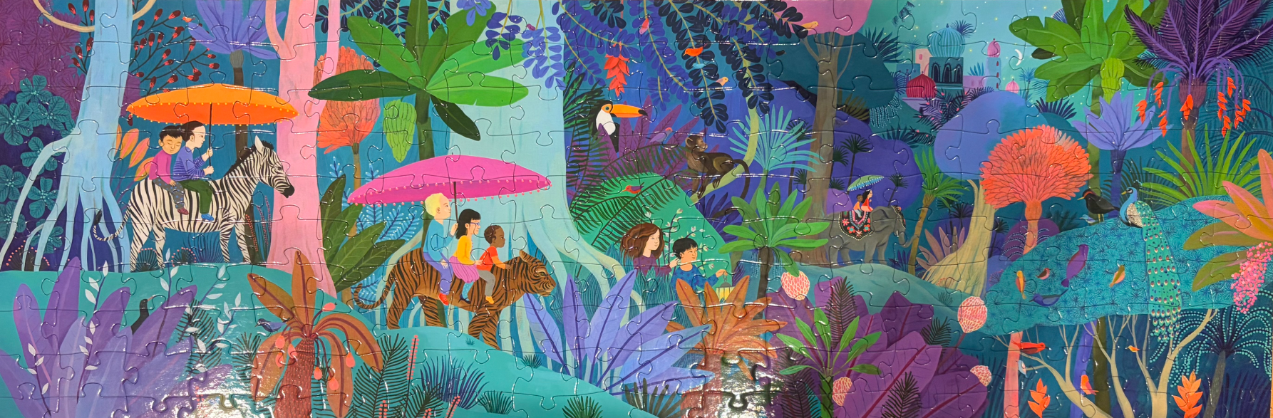 An illustration of children riding exotic animals through a vibrant, colorful jungle at twilight.