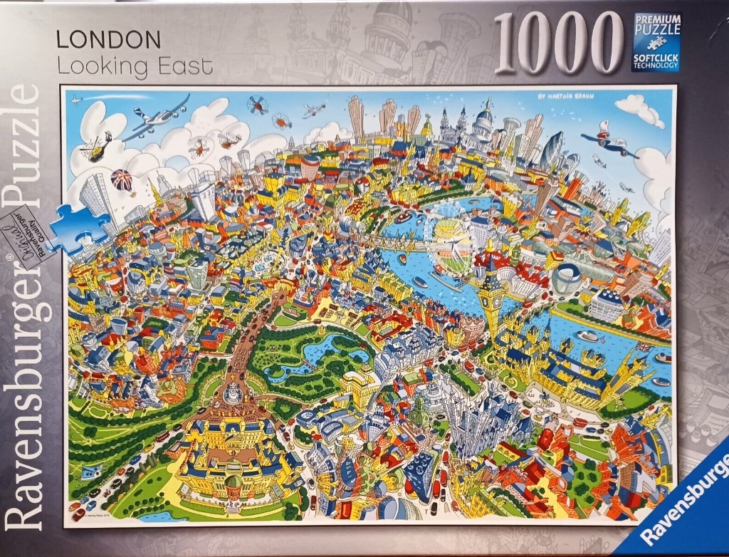 Whimsical, stylized illustrated map of London looking east, featuring landmarks and a dense urban landscape.