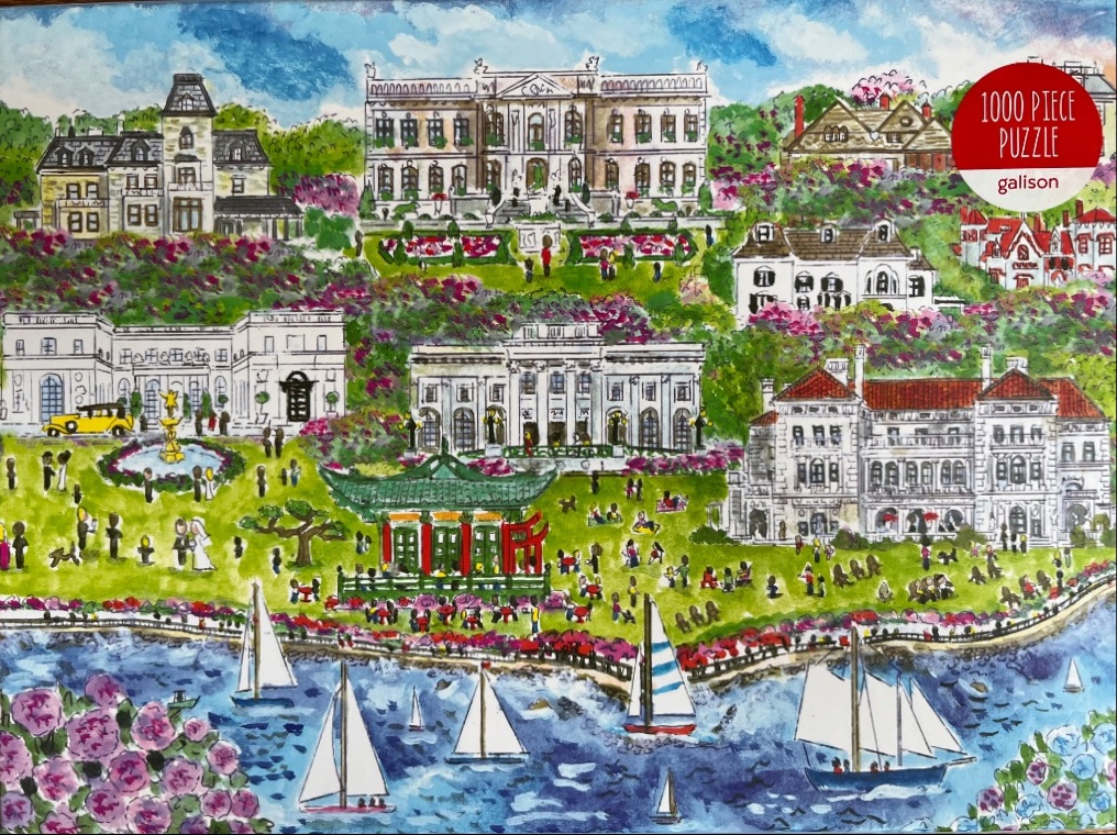 Watercolor illustration of a lush coastal estate with grand mansions, gardens, and sailboats on the water.