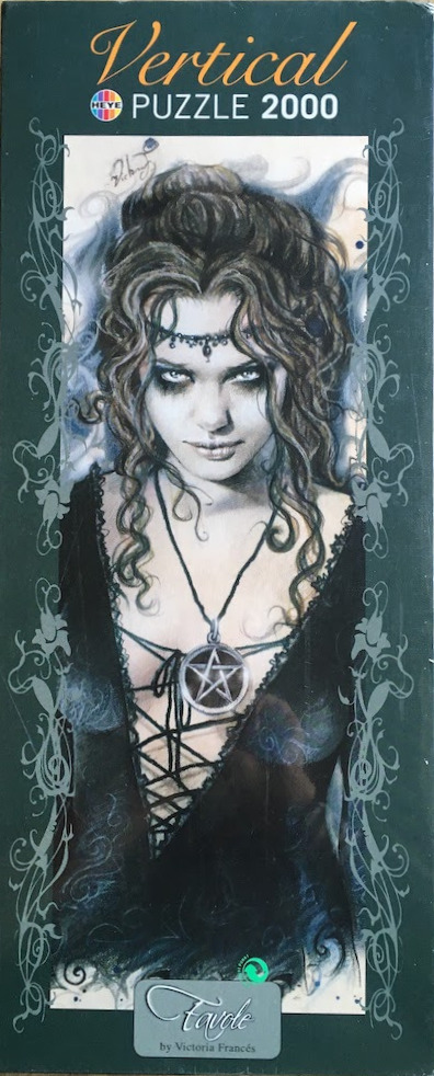 Gothic illustration of a pale woman with long dark wavy hair wearing a black lace dress and a pentagram necklace.