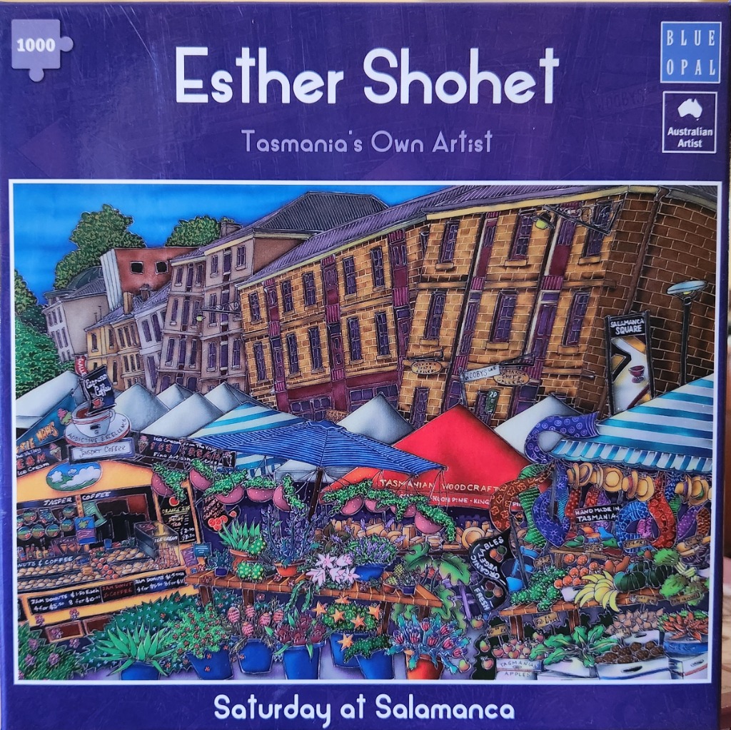 An illustration of the bustling Salamanca Market in Tasmania with stalls under colorful awnings in front of historic building