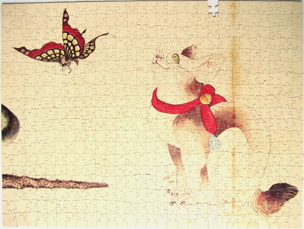 A whimsical illustration of a cat wearing a red scarf looking up at a vibrant butterfly against a pale parchment background.