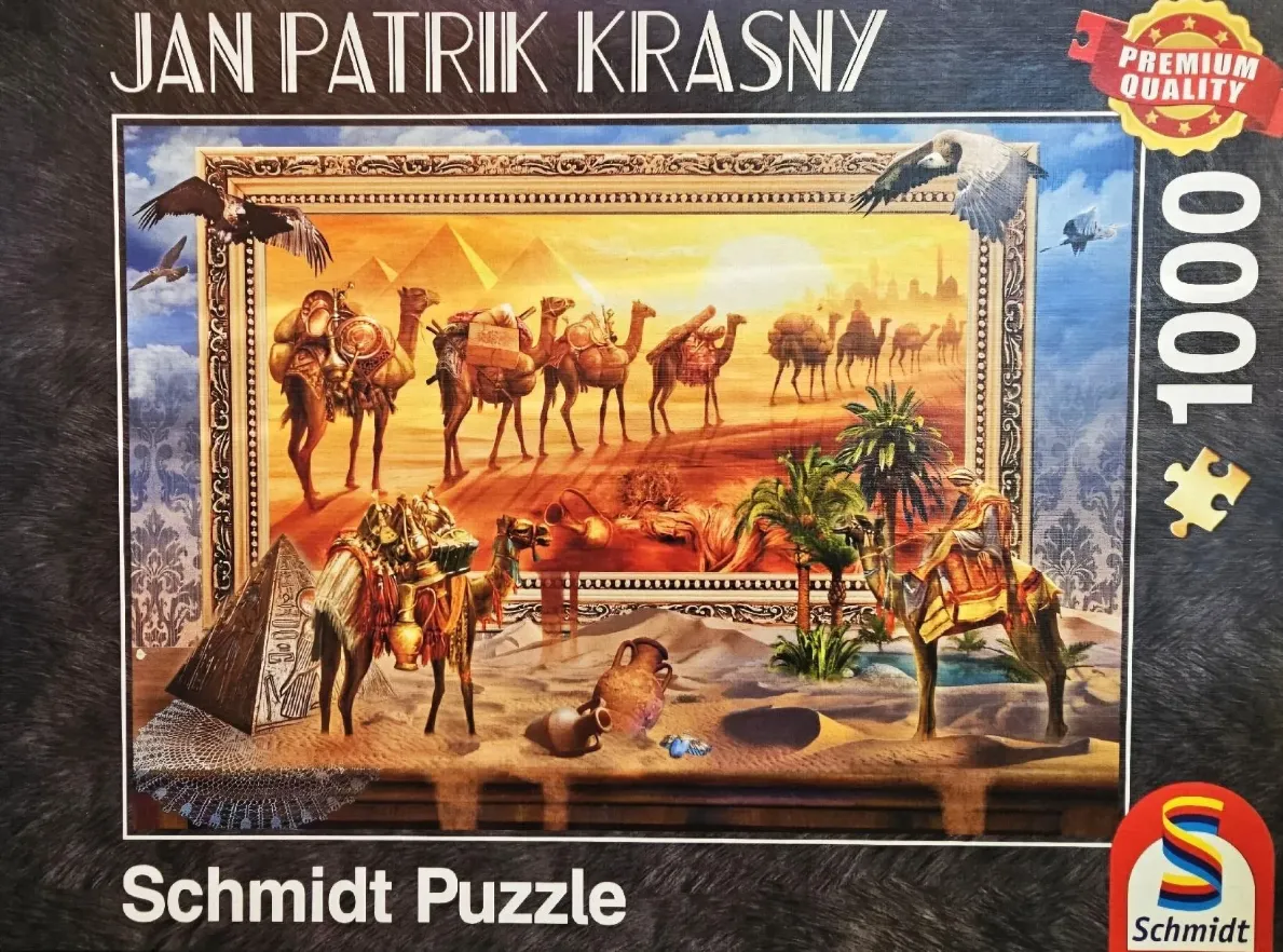 An illustration of a desert caravan inside an ornate picture frame set against a dark damask background.