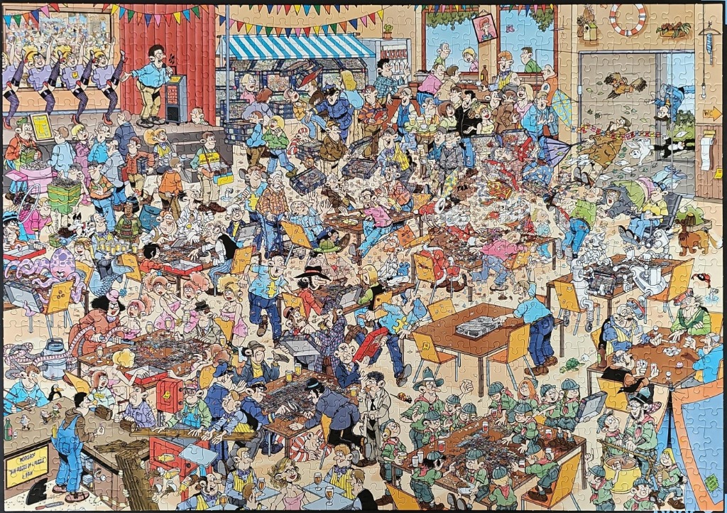 A crowded, humorous cartoon illustration of a bustling convention hall filled with people engaged in various activities.