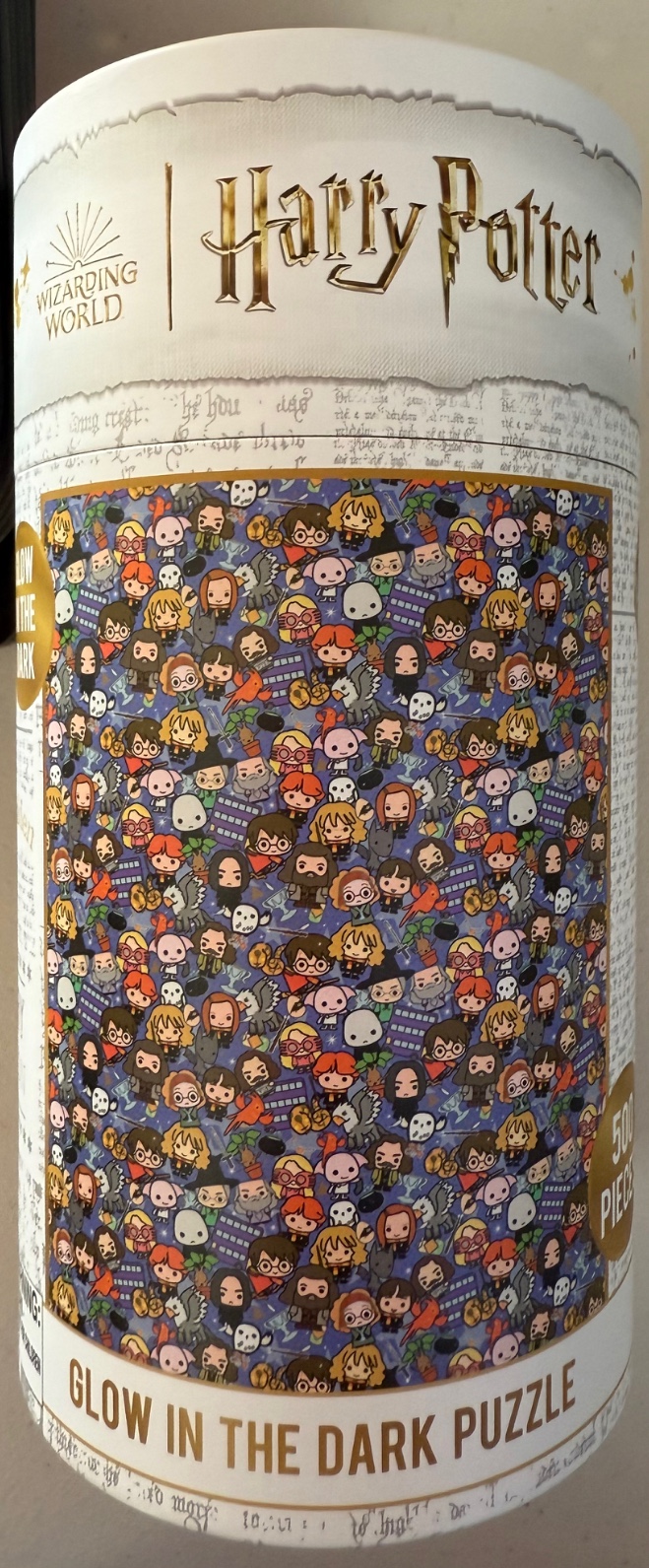 A repeating pattern of chibi-style Harry Potter characters and icons against a purple background.