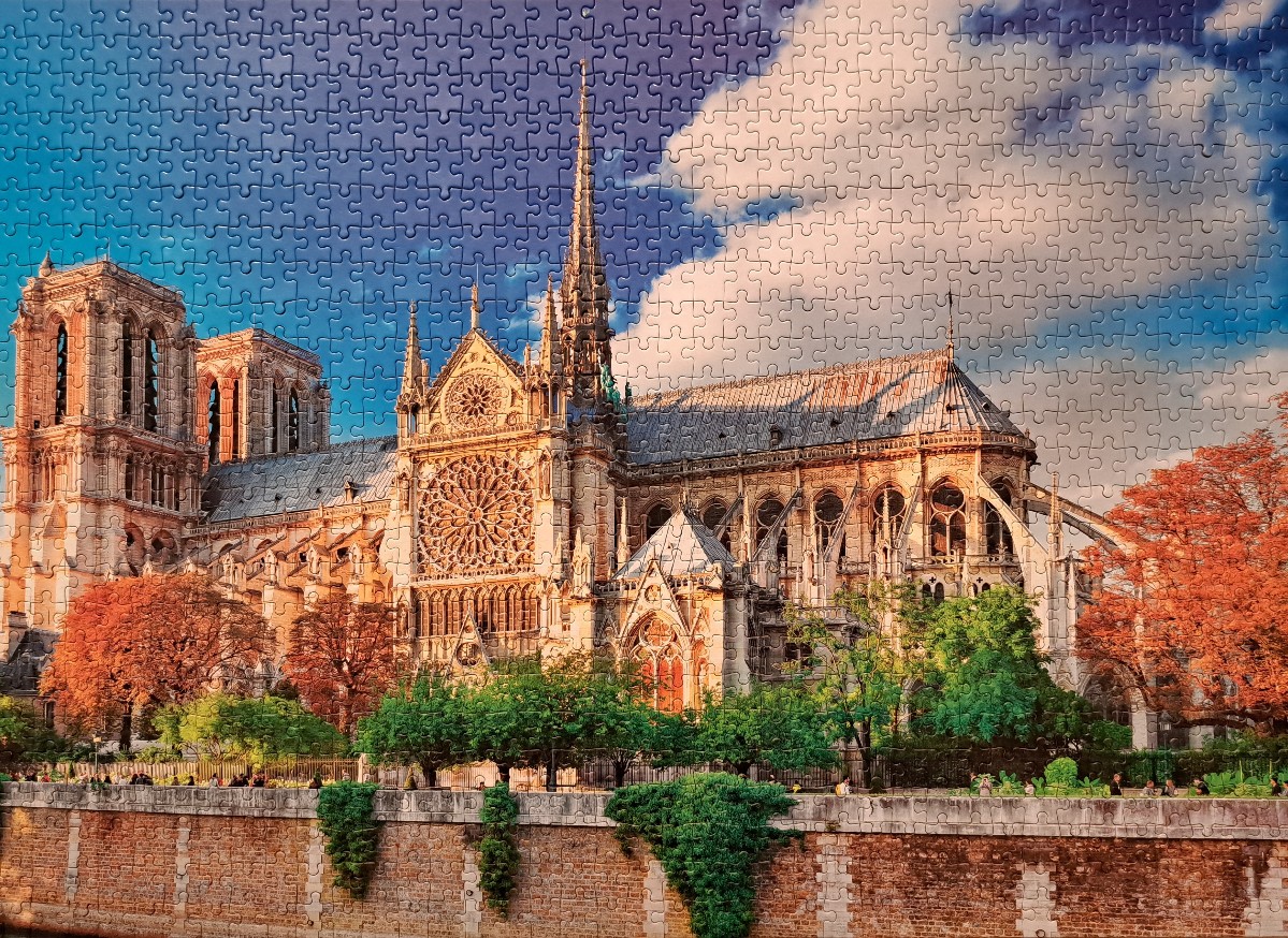 Notre-Dame Cathedral in Paris bathed in warm golden sunset light surrounded by autumn foliage.