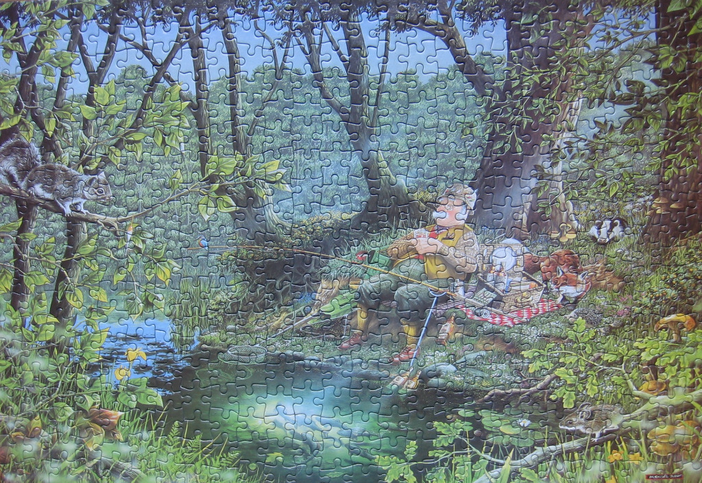 An elderly man fishing by a forest stream surrounded by curious woodland animals in an illustrated cartoon style.