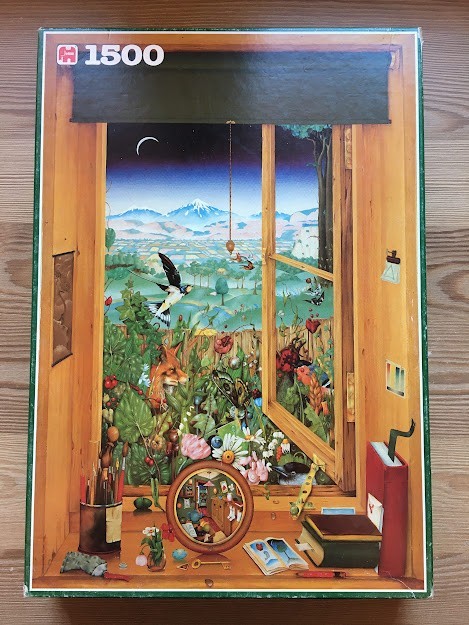 A whimsical illustration viewed through an open wooden window showing a surreal landscape with a fox and birds.