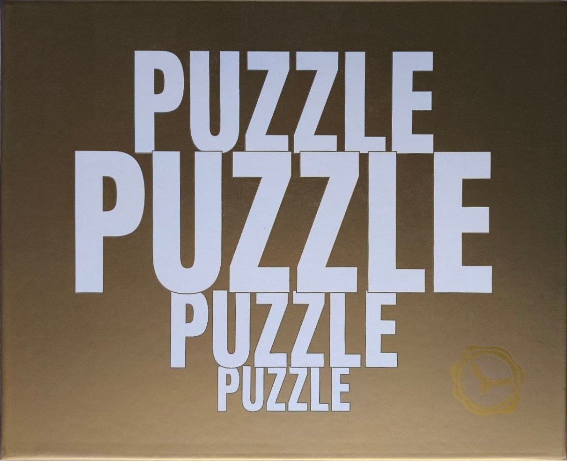 The word PUZZLE repeated four times in varying large white sans-serif font sizes against a metallic gold background.