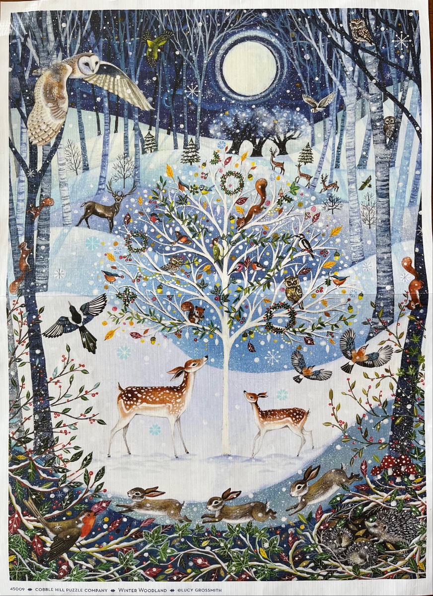 A whimsical winter woodland scene featuring owls, deer, rabbits, and a central tree under a full moon.