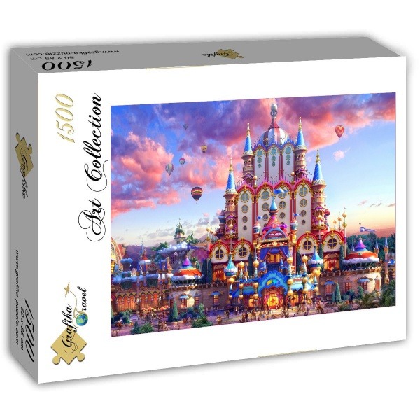 Fantastical ornate castle with multiple turrets under a sunset sky with hot air balloons.