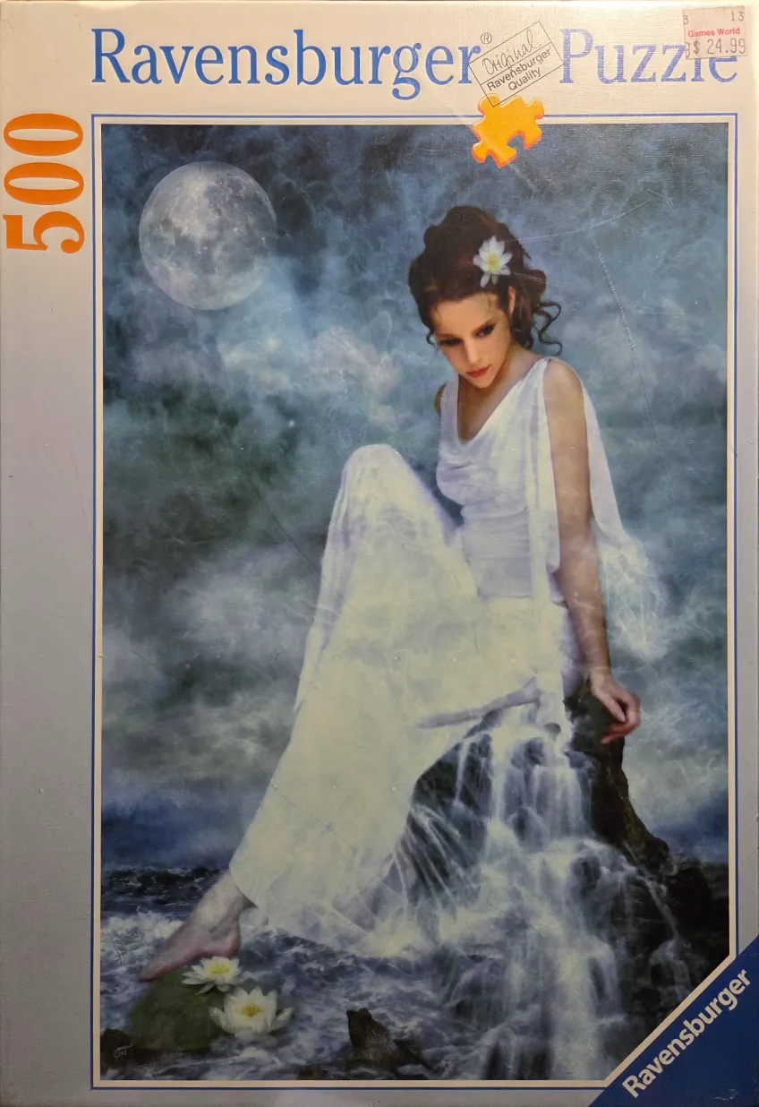 A digital painting of a woman in a white gown sitting on a rock beside a waterfall under a full moon.