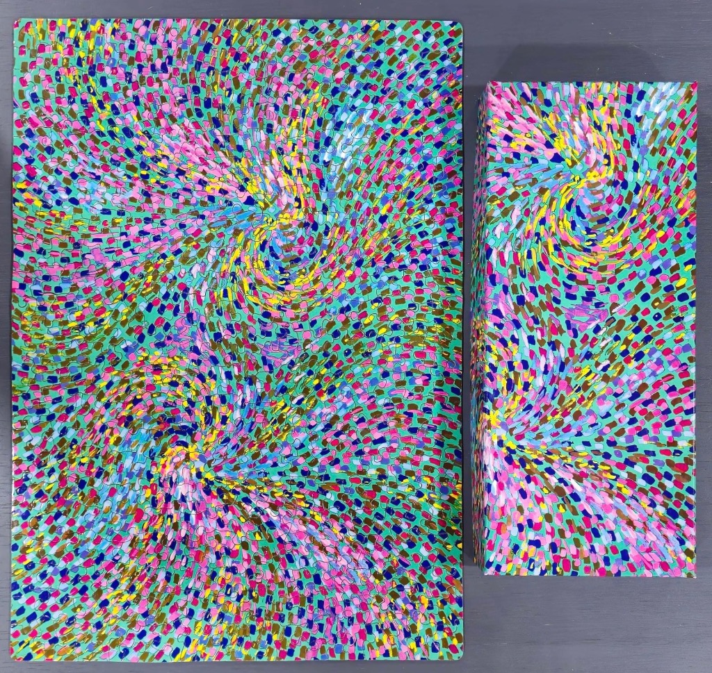 Abstract painting featuring swirled, colorful brushstrokes in pink, blue, yellow, and green against a teal background.