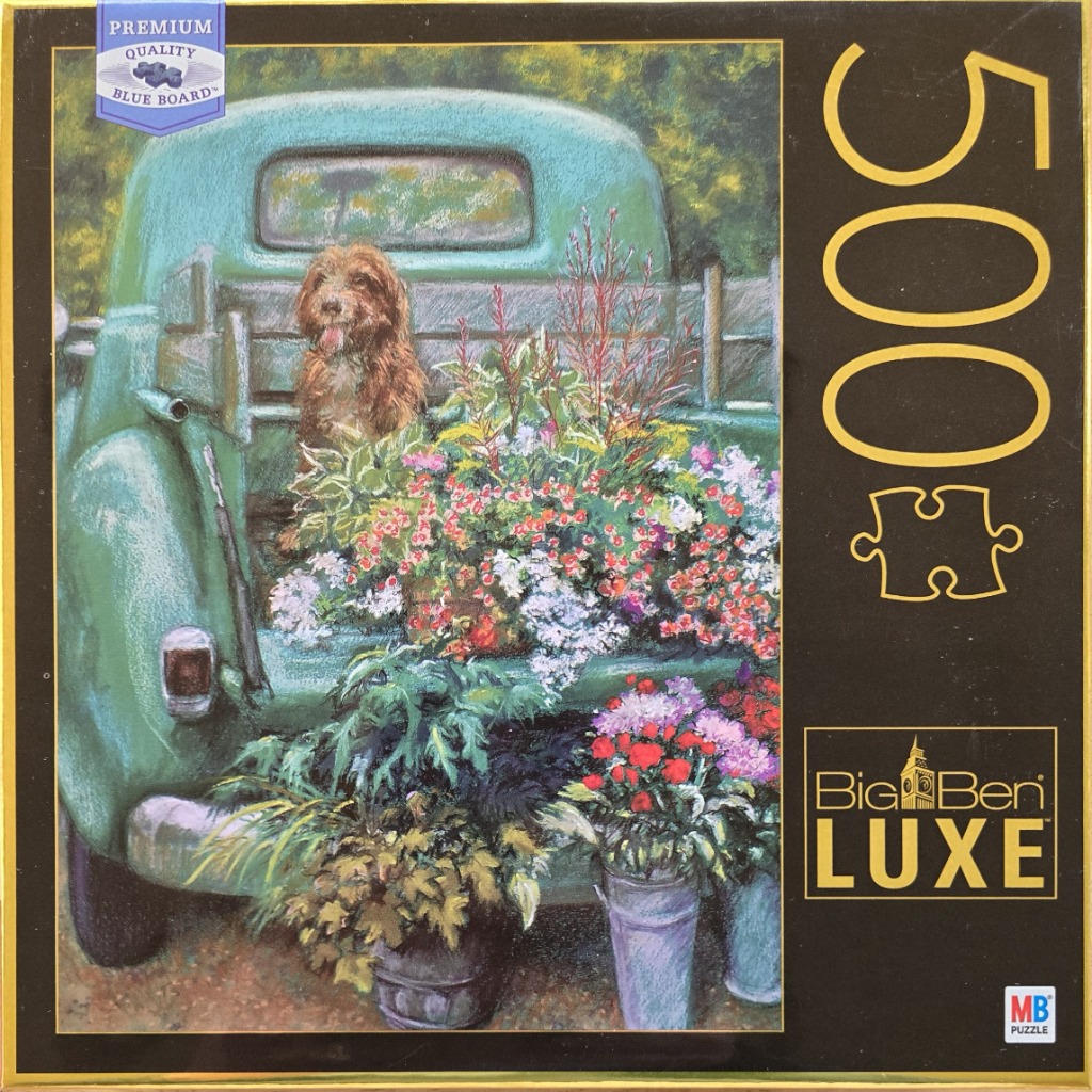 A shaggy brown dog sits in the bed of a teal vintage pickup truck filled with colorful flowers.