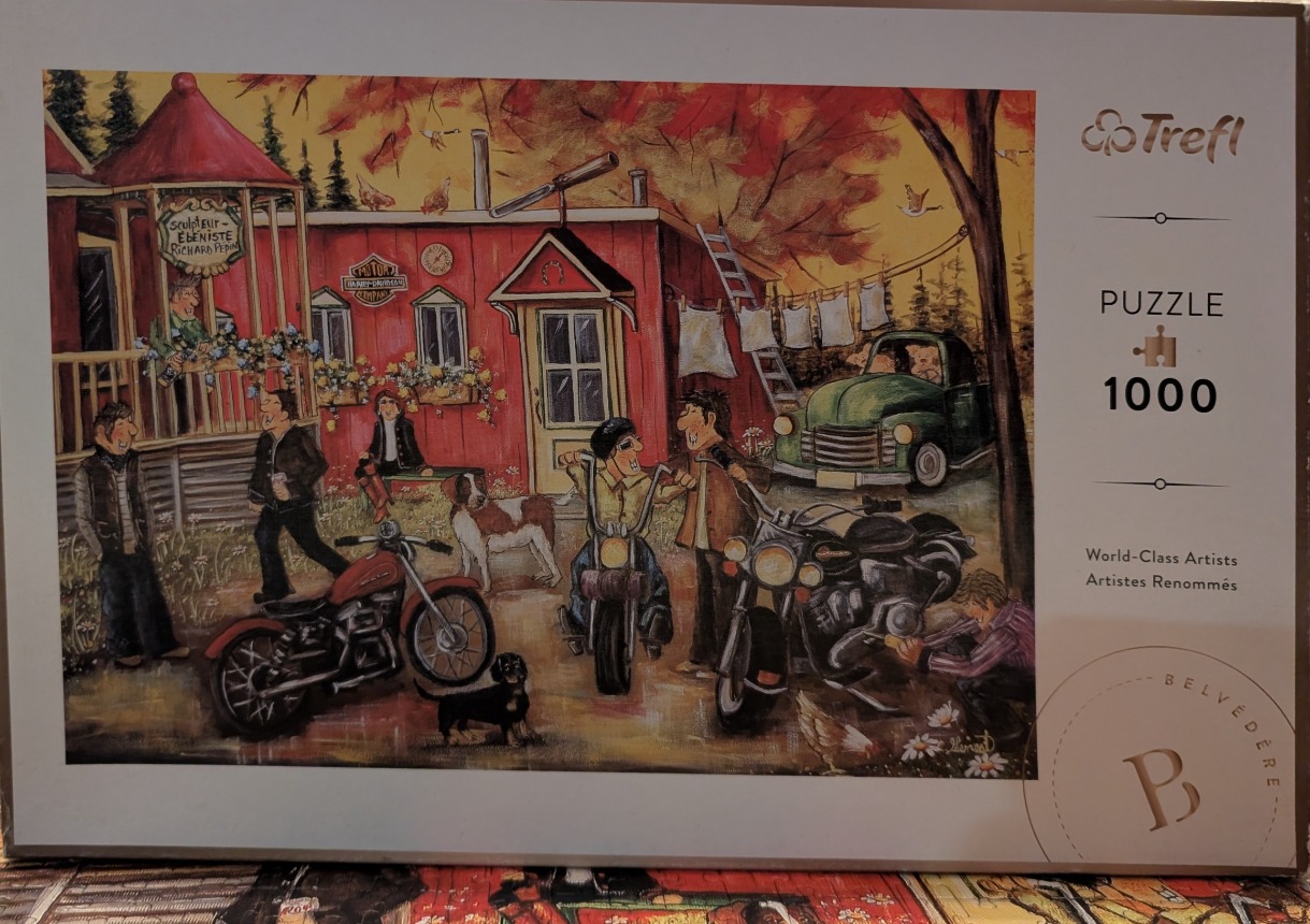 Cartoon illustration of a group of men socializing around motorcycles in front of a red wooden workshop in autumn.