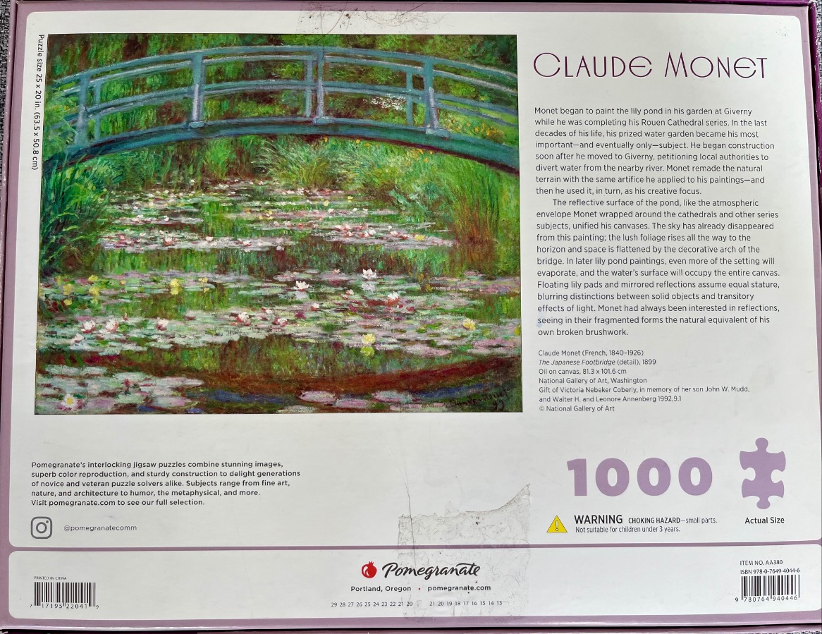 Claude Monet's The Japanese Footbridge painting featuring a green arched bridge over a pond filled with water lilies.