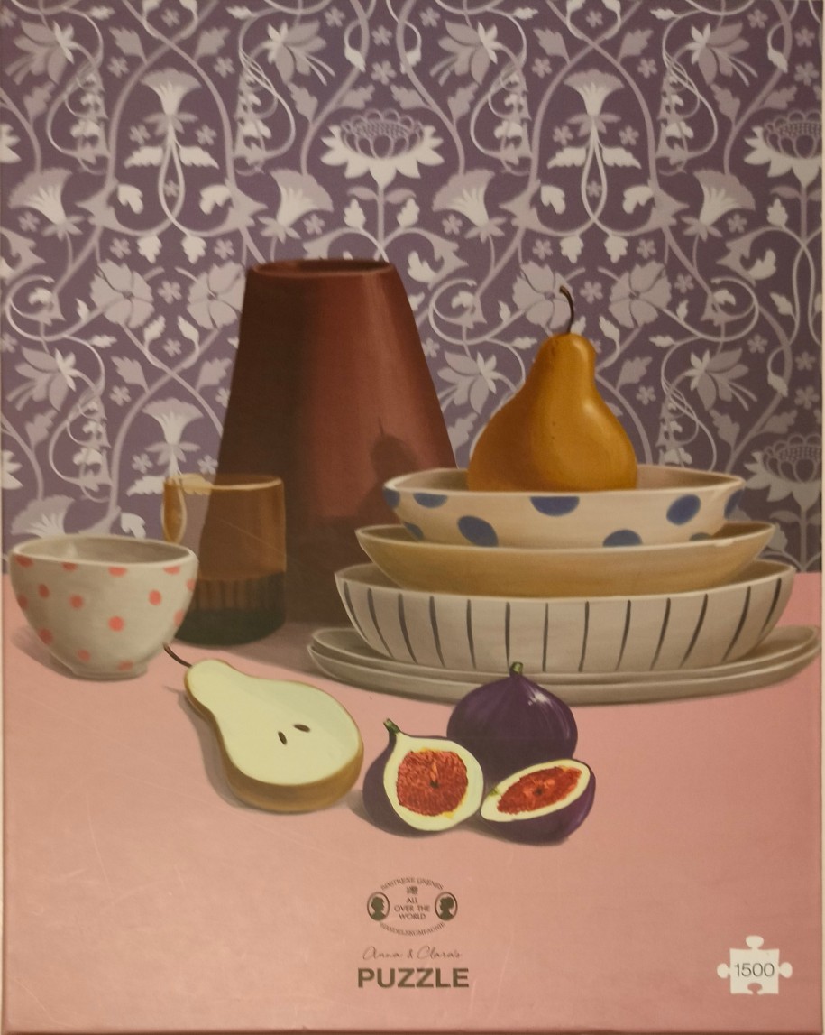 Still life painting featuring a pear, figs, and stacks of patterned ceramic bowls against a floral purple wallpaper.