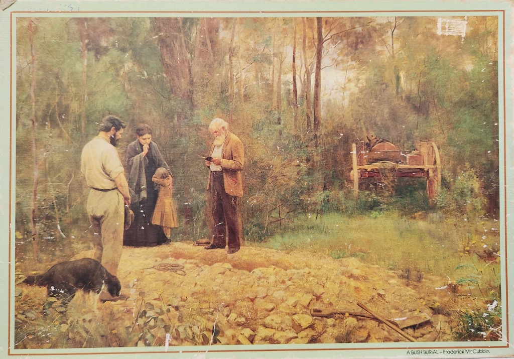 An oil painting titled A Bush Burial by Frederick McCubbin depicting a somber outdoor funeral service in a forest.