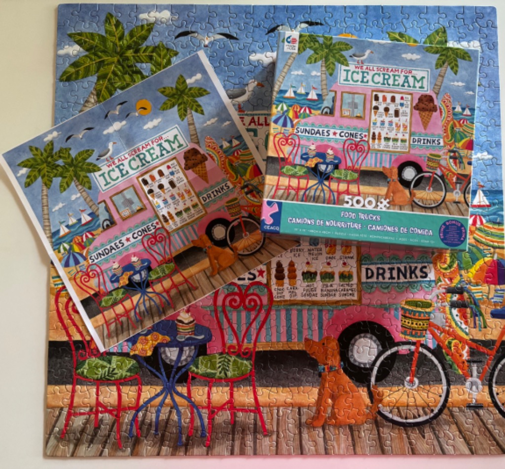 Vibrant beachside ice cream truck scene with palm trees, dogs, and bicycles.