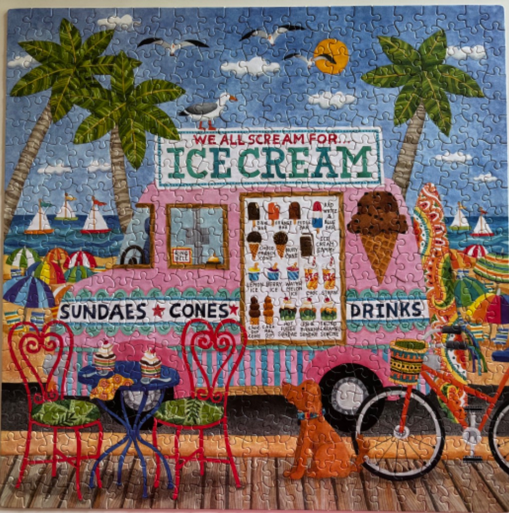 A whimsical illustration of a pink ice cream truck on a beach boardwalk.