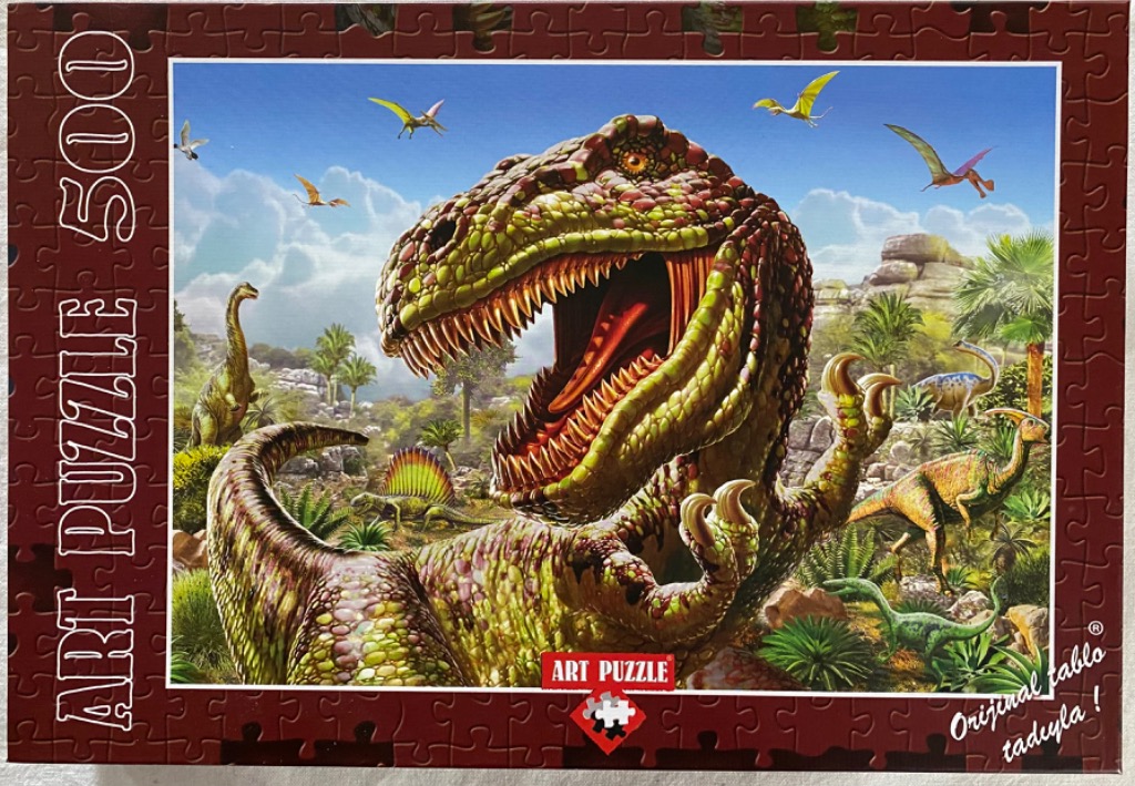 A realistic illustration of a large, roaring Tyrannosaurus Rex in a prehistoric landscape with other dinosaurs.