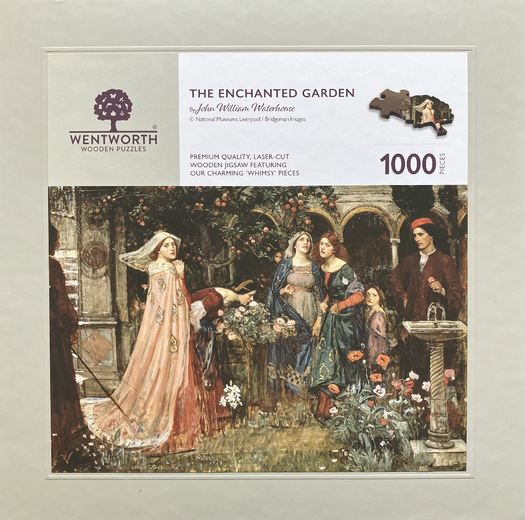 A Pre-Raphaelite painting of women in medieval dress in a lush, shaded garden with stone arches and a fountain.