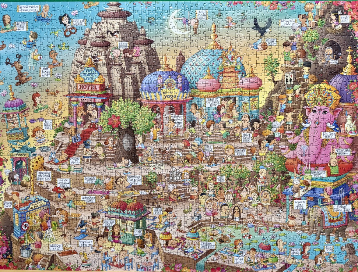 A busy cartoon illustration of a yoga-themed retreat resort featuring many characters in various yoga poses.