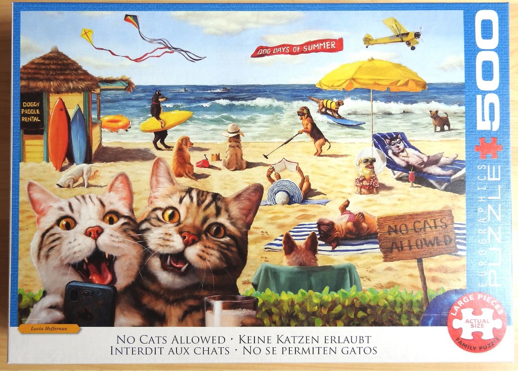 A humorous scene showing a cat taking a selfie on a beach filled with dogs, with a 