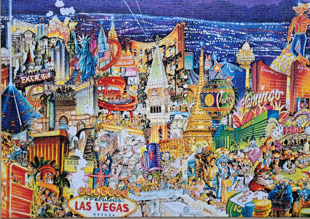A colorful cartoon illustration of the Las Vegas strip at night featuring various famous landmarks and casinos.