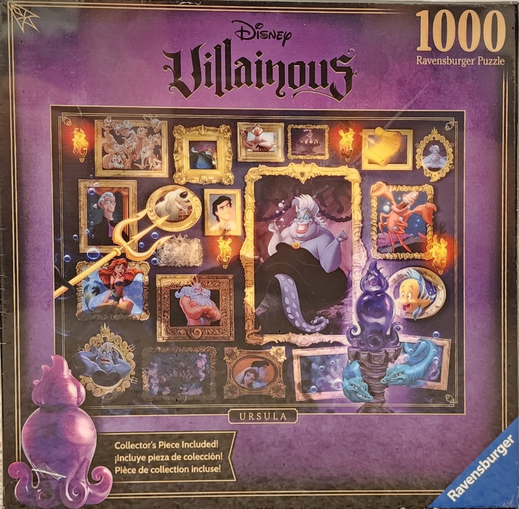 Illustration of Ursula from The Little Mermaid surrounded by various framed portraits of characters from the film.