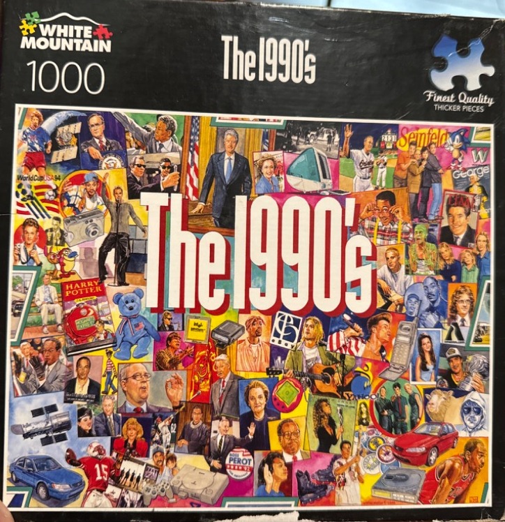 A collage of 1990s cultural icons, politicians, technology, and entertainment figures.
