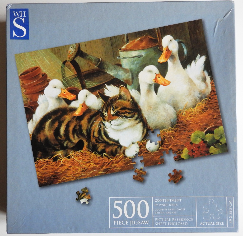 A tabby cat resting with three white ducks in a rustic garden shed setting.