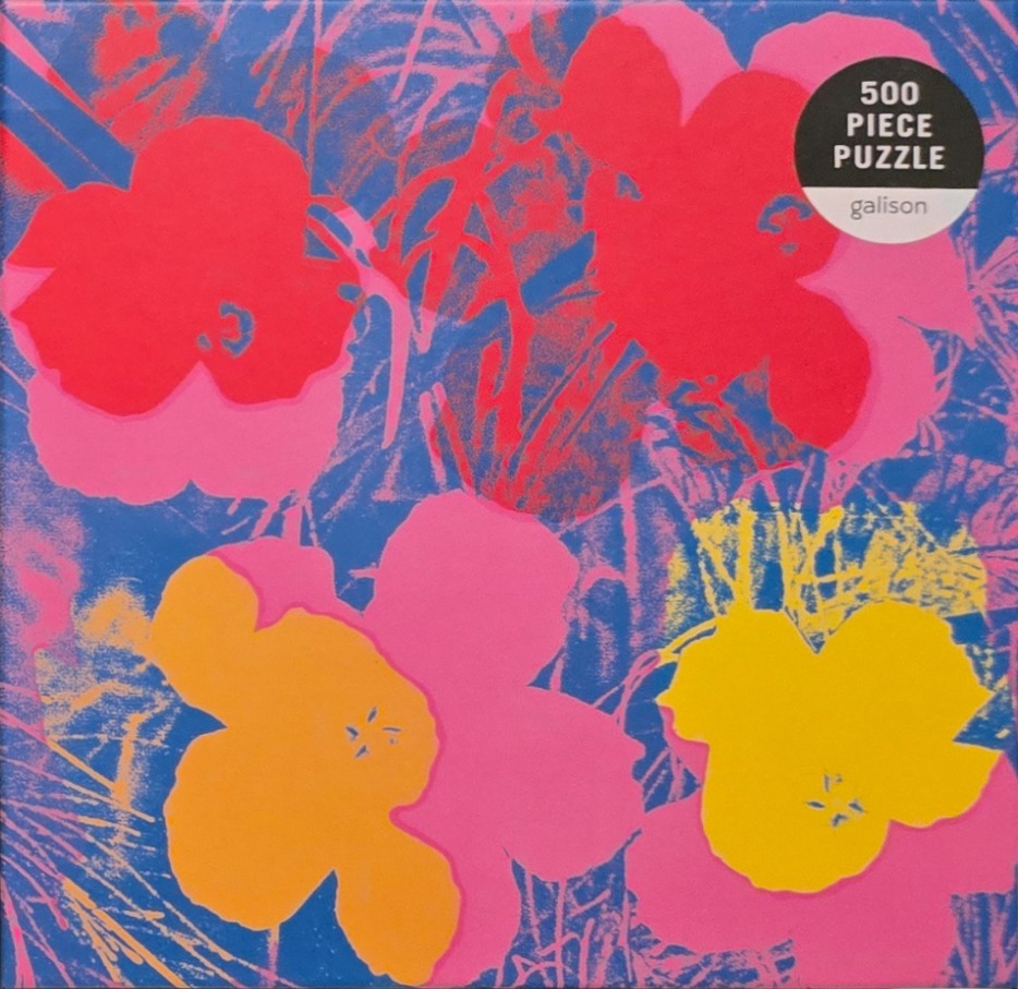 A screen print style illustration of stylized flowers in vibrant red, orange, yellow, and pink against a blue background.