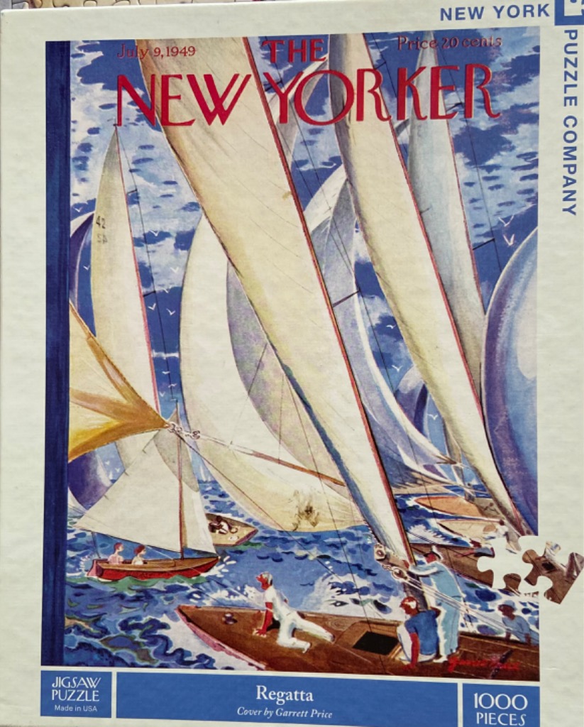 Illustration of several sailboats in a regatta on a choppy blue sea, titled The New Yorker.