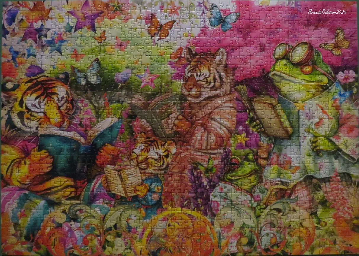 Whimsical illustration of tigers and frogs reading in a colorful, butterfly-filled garden.