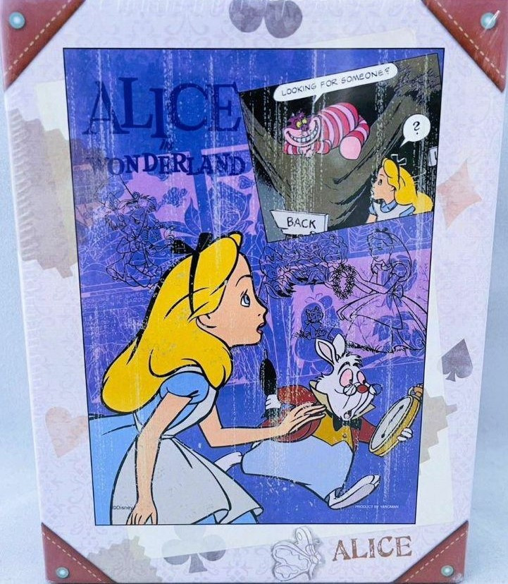 An Alice in Wonderland collage featuring Alice, the White Rabbit, and the Cheshire Cat in a vintage storybook style.