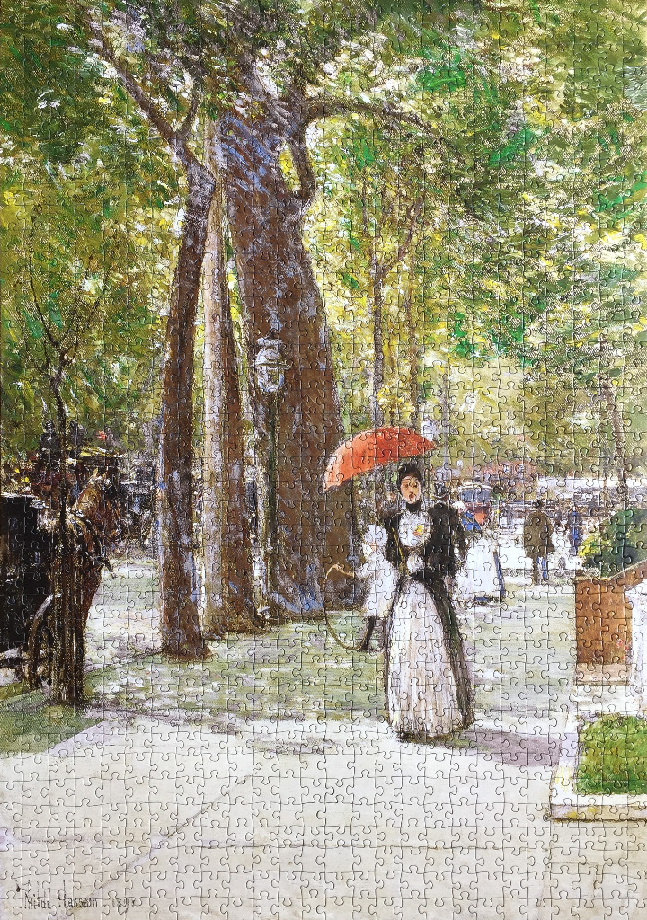 An impressionist painting of a woman with a red umbrella walking along a tree-lined city boulevard.