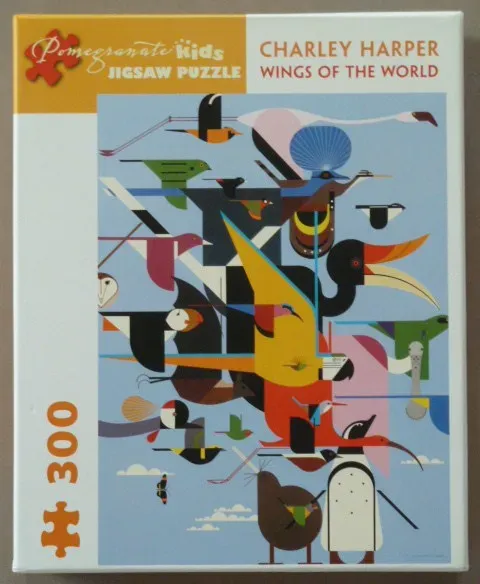 Stylized illustration of many different birds layered against a light blue background