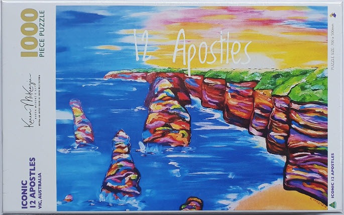 Colorful impressionist painting of the 12 Apostles limestone sea stacks in Australia at sunset.