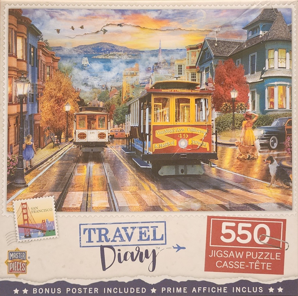 Illustration of two historic cable cars traveling down a wet San Francisco street at sunset.